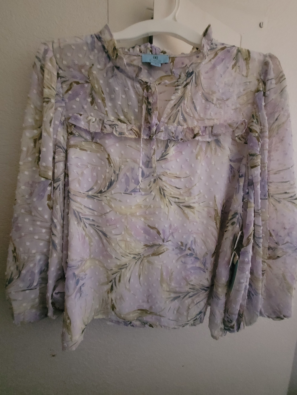 CeCe Lavender Floral Ruffle Dot Blouse